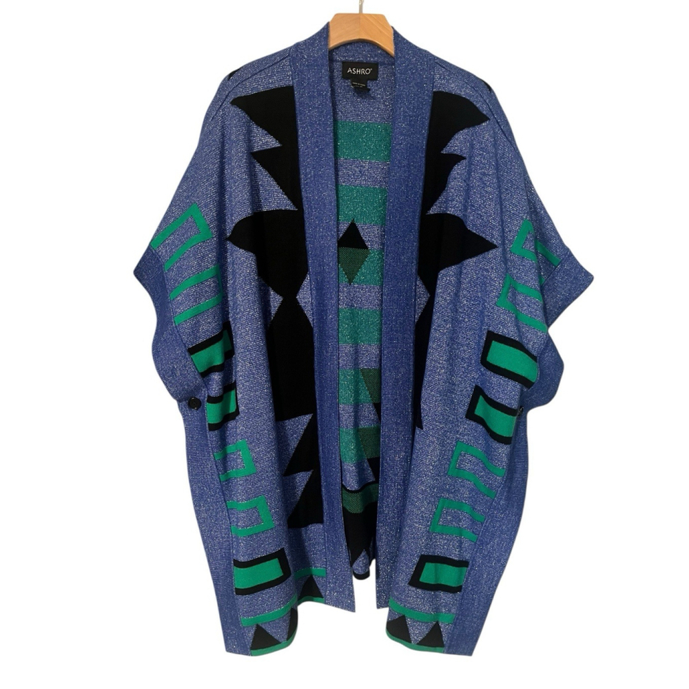 ASHRO Open Shawl Poncho Cardigan Sweater Womens XL Metallic